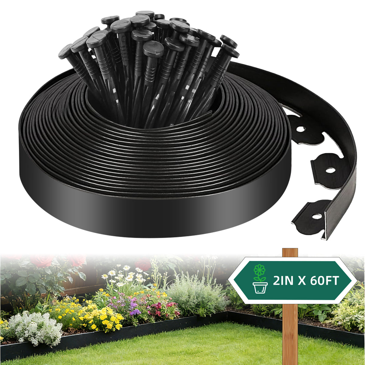 Landscape Edging Kit, 2 inch Tall 40 ft Garden Edging Border, Lawn Edging with 36 Spikes, Mini Plastic Fence for Landscaping Yard Flowerbeds,Black