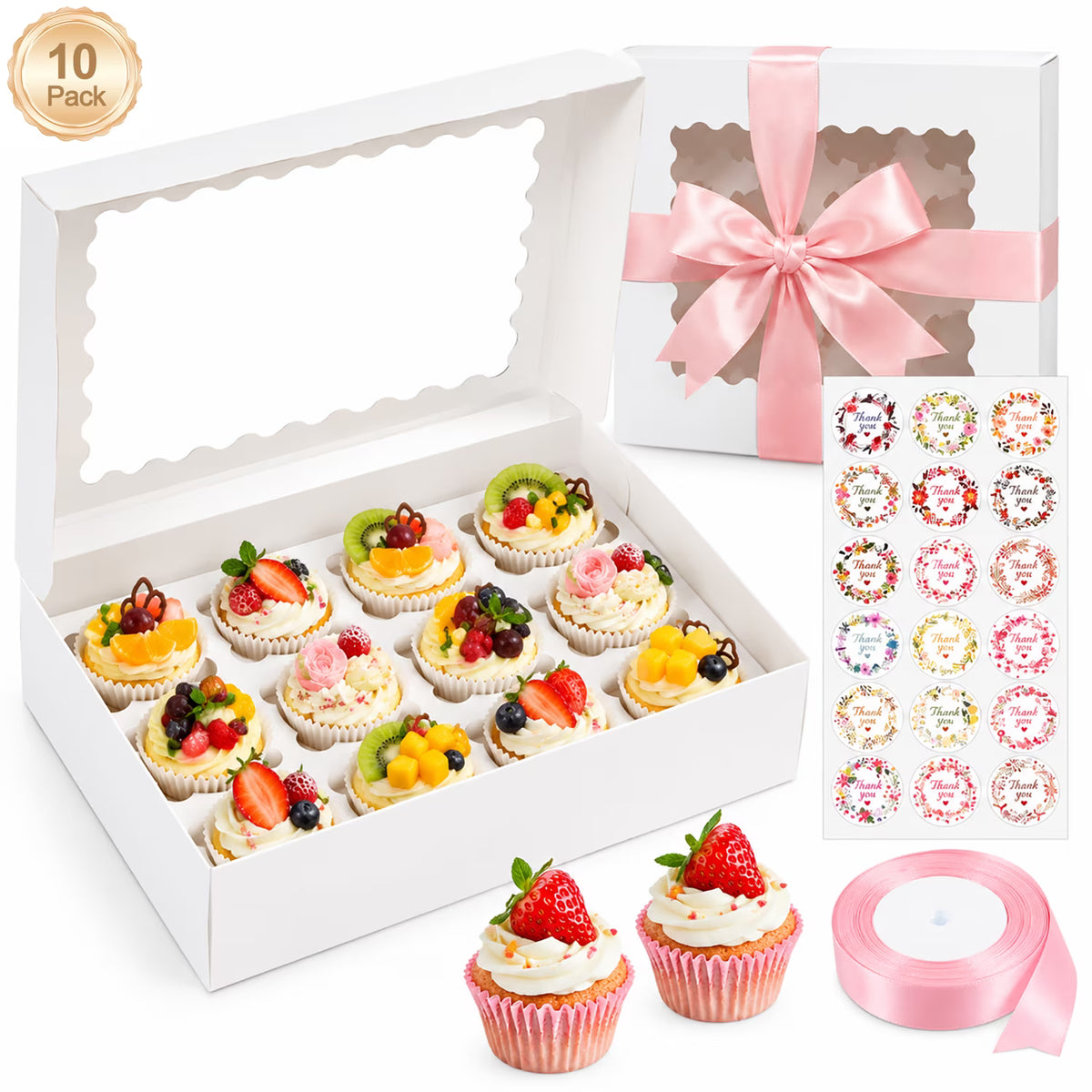 10pcs Cupcake Boxes, Hold 12 Standard Cupcakes,Includes Pink Ribbon & 42 Decorative Stickers,for Birthday Holiday Party, Supplies for Cupcakes, Desserts and More, 12.8"x9.84"x3.54"