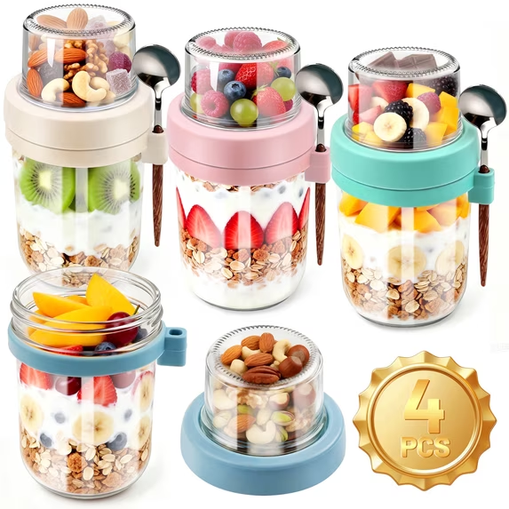 MOJINO Overnight Oats Containers with Lids and Spoons, 20 oz (16+4) BPA-Free Overnight Oats Jars with Dry & Wet Separation, Airtight Yogurt Parfait Cups for Milk, Granola, Fruit and Salad