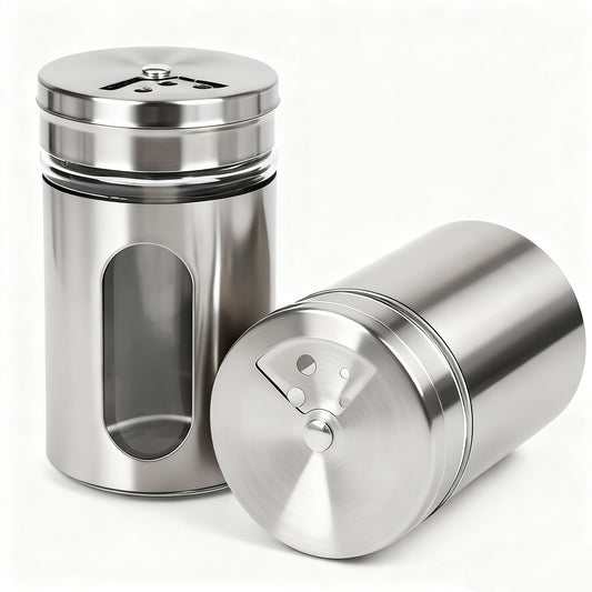 Qissep Salt and Pepper Shakers Sets with Adjustable Pour Holes, 2Pcs Stainless Steel Spice Dispenser for Salt, Sugar, Cinnamon, and Pepper-Stylish Kitchen Seasoning and Spice Shaker Set,Silver