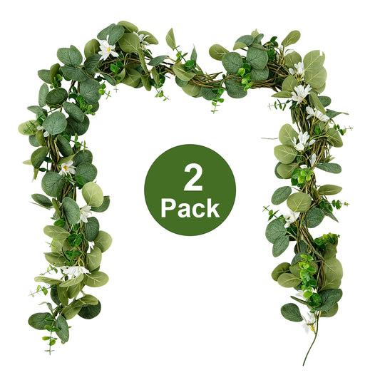 Eucalyptus Garland, Qissep 2 Pack 5.91 ft Artificial Eucalyptus with Flower, Hanging Plants for Wedding/Table/Backdrop/Arch Birthday Party Indoor Outdoor Decor