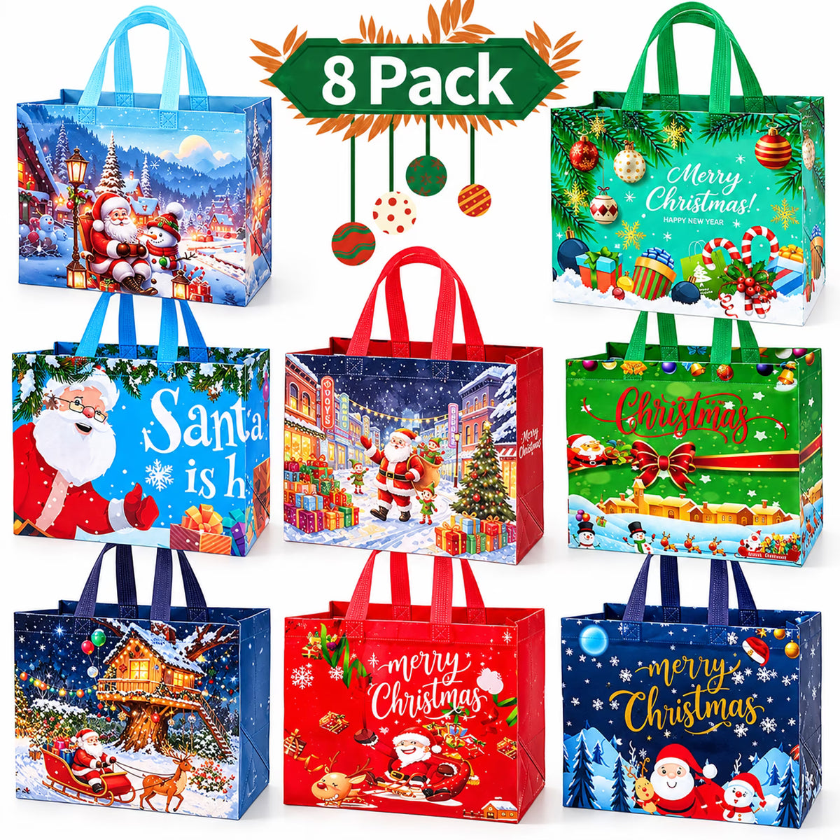 Christmas Gift Bags, Qissep 8 Pcs Reusable Christmas Gift Bags with Handles, 8 Styles Christmas for Wrapping Xmas Holiday Presents and Party Favors, 12.79 x 6.69 x 9.84 inch