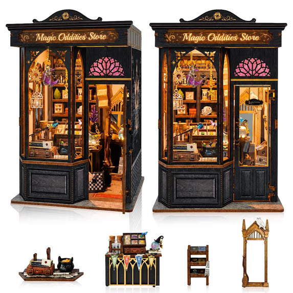 MOJINO Book Nook Kit for Adults, Magic Oddities Store DIY Miniature House Kit with LED Light, 3D Wooden Puzzle Bookshelf Decor Craft Kit