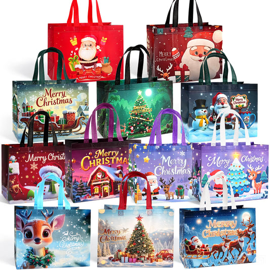 Qissep 12Pcs Christmas Gift Bags with Handles, Reusable Non-Woven Gift Bags for Christmas Wrapping Holiday Party Supplies, Eco-Friendly and Sturdy,12.8 x 6.69 x 9.84 inch